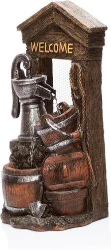 Miniatura 8 de Alpine Corporation ZEN576S - Bomba de agua de diseño rústico para exteriores y fuente de suelo de barril, letrero de bienvenida, 24 pulgadas