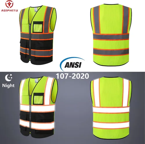 Miniatura 4 de Chaleco de seguridad reflectante para hombres y mujeres, chaleco de construcción que cumple con el estándar ANSI/ISEA H-amarillo Negro