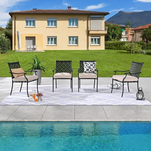 LOKATSE HOME Juego de 4 sillas apilables para exteriores, sillas de comedor de hierro forjado con cojines y reposabrazos, juego de muebles de metal