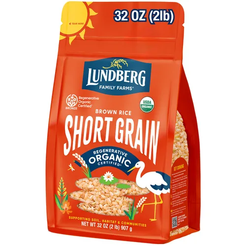 Lundberg Arroz Integral de Grano Corto, Certificado Orgánico Regenerativo – Ligeramente a Nuez, Arroz Pegajoso Cultivado Responsablemente en