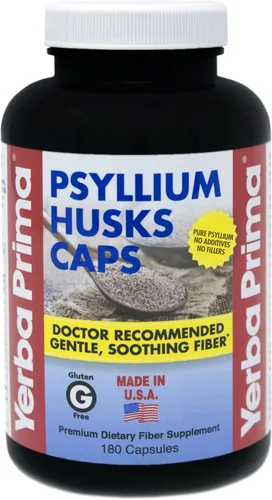 Yerba Prima Psyllium Husks Caps Fibra dietética 625 mg, 180 cápsulas – Suplemento limpiador de colon – Salud intestinal – Sin gluten sin OMG