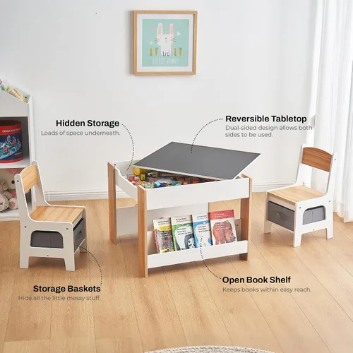 Miniatura 5 de LuxenHome - Juego de mesa y sillas para niños pequeños con mesa reversible, juego de mesa de actividades multifuncional para niños y sillas