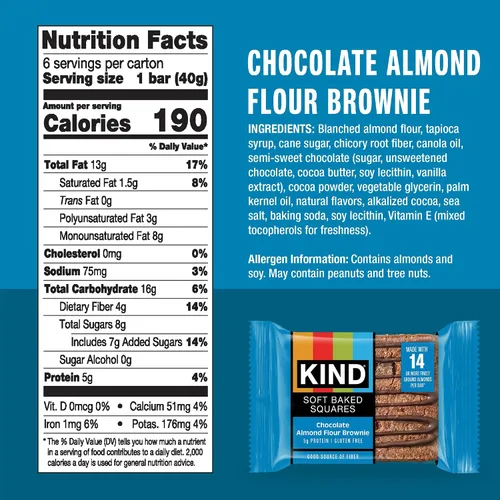 Miniatura 2 de KIND Cuadrados horneados suaves, brownie de harina de almendras y chocolate, sin gluten, barras de aperitivos saludables, 0.18 onzas de proteína, 6