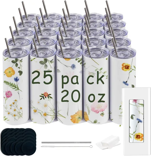 Paquete de 25 vasos rectos de sublimación de 20 onzas con doble pared de acero inoxidable con popote de metal y tapa de plata para bancos mayoristas