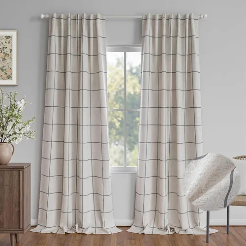 Miniatura 23 de MYSKY HOME Cortinas de Lino a Cuadros 100% Opacas de 45 Pulgadas de Largo de Doble Capa Estilo Granja con Aislamiento Térmico Estampado a Cuadros