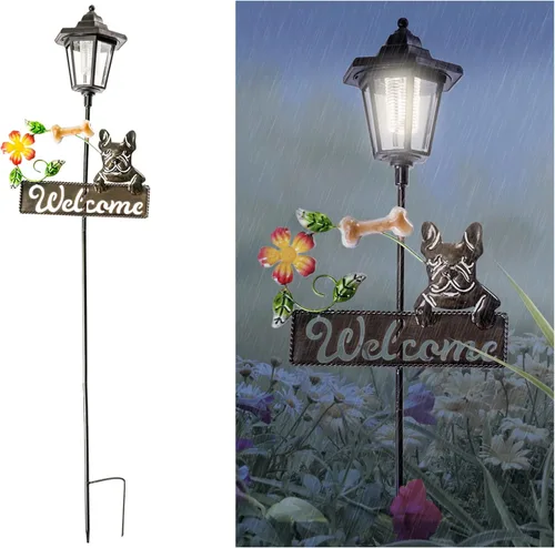 Miniatura 2 de Crosslight Letrero de bienvenida LED solar de Bulldog Francés, luz de estaca de jardín resistente a la intemperie para decoración al aire libre