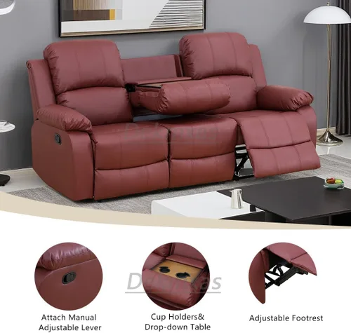Miniatura 5 de Juego de sala de Estar reclinable de 3 piezas, juego de sofá reclinable Manual para conjunto de muebles de sala de Estar, con consola de Rojo