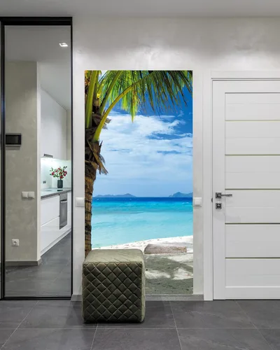 Miniatura 3 de FLFK Adhesivo de puerta - Playa y palmera, mural de pelar y pegar, tamaño combinado 36"x80", dividido en 2 piezas Mt2219