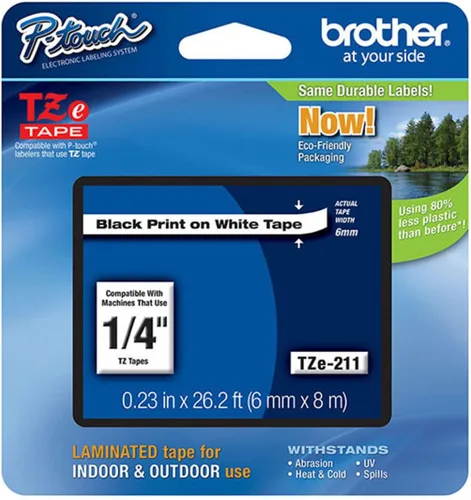 Brother P-Touch - Paquete de 4 cintas laminadas TZe-211, impresión negra sobre cinta adhesiva estándar blanca para etiquetadoras P-Touch, cada rollo