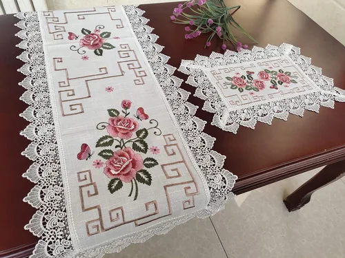 000 AMT - Camino de mesa de lino bordado con punto de cruz floral de Venecia - Beige (beige, 12 x 17 OB.)