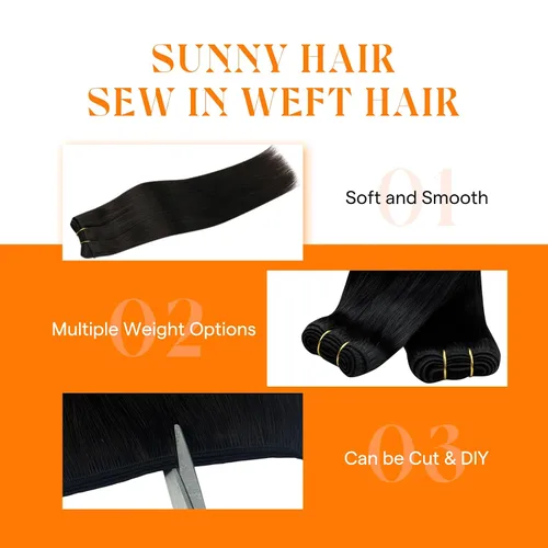 Miniatura 3 de Sunny Hair Extensiones de Cabello para Coser de Cabello Humano Real Negro Extensiones de Cabello en Trama para Mujeres Cabello Real Extensiones