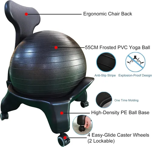 Miniatura 5 de Silla ergonómica de oficina, bola de yoga negra y kit de base, silla de bola de estabilidad de 21.6 pulgadas para sentarse prolongado/inquieto