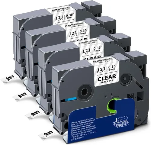 Absonic Paquete de 4 cintas de etiquetas transparentes de 0.354 in 0.35 pulgadas compatibles con Brother Tze-121 Tze121 TZ-121 P Touch Tze Tz Cinta