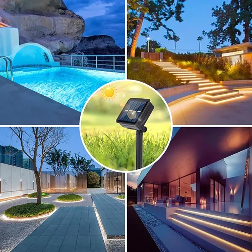 Miniatura 7 de Tira de luces LED solares para exteriores, impermeable, 10 pies, cinta cortable, iluminación de 3000 K, blanco cálido con 8 modos para valla