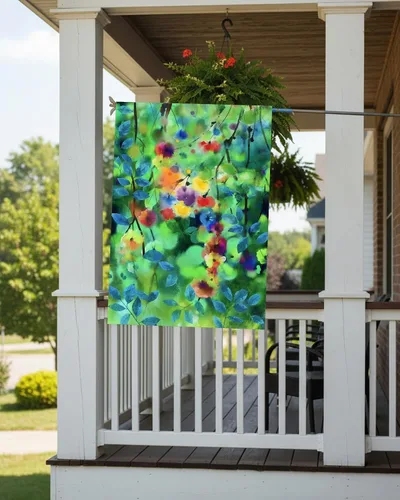 Miniatura 4 de Bandera abstracta de acuarela de primavera con hojas florales verdes de temporada, flores, naturaleza, jardín, patio, 12 x 18 pulgadas, poliéster