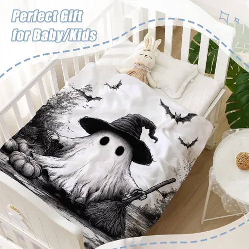 Miniatura 5 de Manta de Halloween para bebé, mascota y niño, espeluznante manta de fantasma de calabaza negra para cuna, cochecito, manta decorativa y mullida