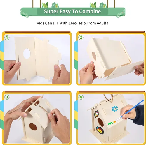 Miniatura 4 de ILHSTY Paquete de 6 casas de pájaros grandes de bricolaje para niños, manualidades para niños, casas de madera para manualidades, fiestas de clase