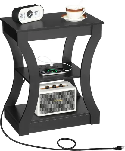 Miniatura 8 de MAHANCRIS - Mesa auxiliar negra con estación de carga, mesa auxiliar delgada con puertos USB y tomas, mesita de noche, mesita de noche de 3 niveles