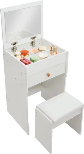 Miniatura 11 de Escritorio de tocador 3 en 1 con espejo, tocador compacto de 15.8 pulgadas con tapa abatible, mesa de maquillaje de nogal negro con taburete