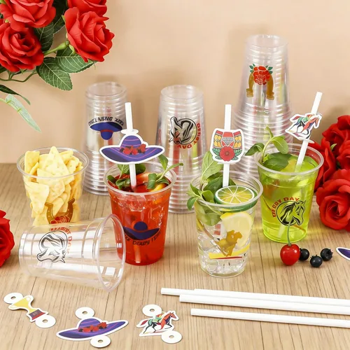 Miniatura 5 de MUOUAKATE Copas Derby desechables de plástico a granel, paquete de 100 vasos de 12 onzas Derby Clear Julep con pajitas de plástico y tarjetas