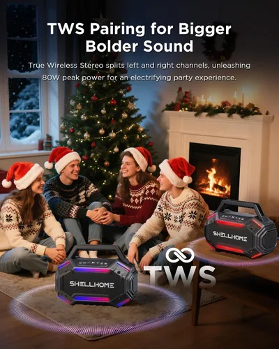 Miniatura 8 de ShellHome Altavoces Bluetooth 6.0 para exterior, altavoz potente de 80 W (máximo) con graves, 30 horas de reproducción, impermeable IPX6, luces RGB