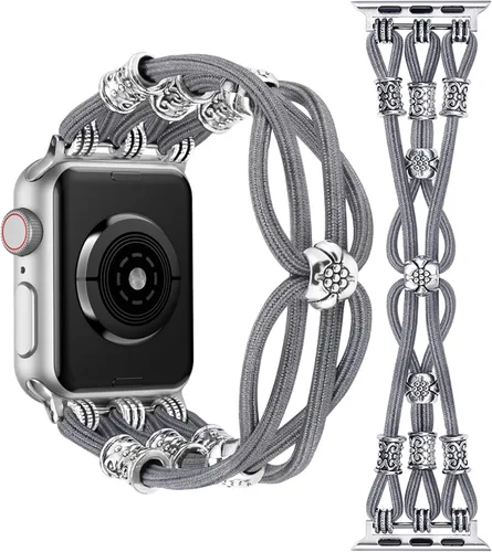 Miniatura 7 de TOYOUTHS Correa bohemia compatible con Apple Watch Band de 1.65, 1.57, 1.57 y 1.49 pulgadas, con cuentas, trenzada, elástica, occidental, elegante