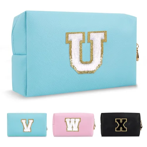 Miniatura 182 de Pequeña bolsa de maquillaje personalizada con inicial A-Z Preppy Patch, bolsa de cosméticos de viaje de felpilla blanca con cremallera, bonita bolsa