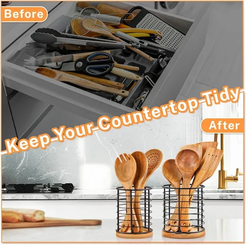 Miniatura 5 de hunnycook 2 Soportes para Utensilios, 5.1*5.1*5.8 y 3.7*3.7*5.8 pulgadas Soportes para Utensilios de Cocina, Recipientes Negros de Metal con Base