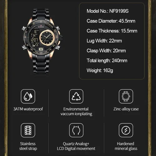Miniatura 6 de NAVIFORCE Reloj para hombre, reloj de cuarzo digital de doble pantalla, multifuncional, de acero inoxidable