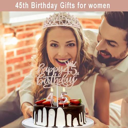Miniatura 2 de Decoraciones de cumpleaños número 45 para mujeres, incluyendo banda de cumpleaños y tiara, decoración de pastel y velas, regalos de 45 años