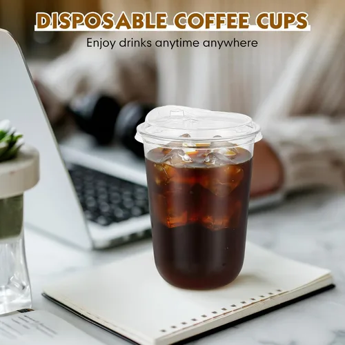 Miniatura 5 de Ziliny Juego de 50 vasos de plástico transparente con tapas para sorber sin pajilla, tazas de café helado transparentes gruesas y desechables