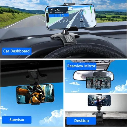 Miniatura 5 de Soporte para clip de teléfono para tablero de automóvil, soporte giratorio de 360° para volante de salpicadero compatible con teléfonos inteligentes