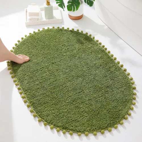 Miniatura 20 de YIRDDEO - Alfombra de baño verde oliva con pompones para baño, antideslizante, linda alfombra de baño boho con pompones ovalados absorbentes