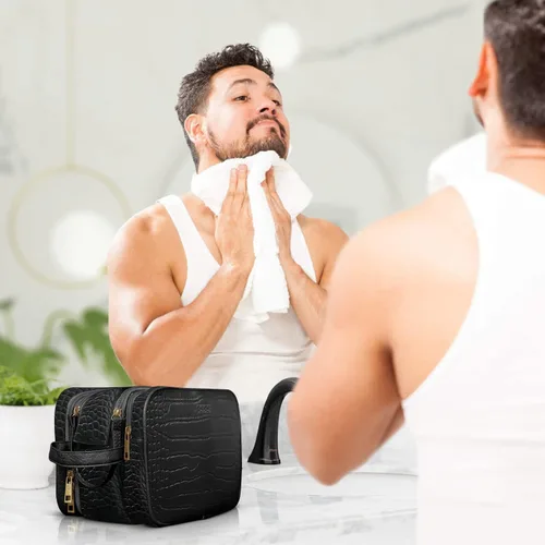 Miniatura 5 de Dot&Dot Neceser de cuero para hombres y mujeres – Espaciosas bolsas de artículos de tocador de viaje para mujer (cocodrilo negro)