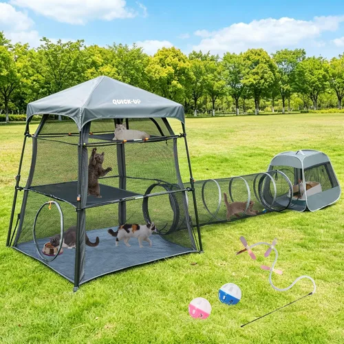 Miniatura 11 de Catio extragrande para gatos al aire libre, tienda de campaña 3 en 1 para gatos con túnel/cubo desplegable, catio portátil, tienda de campaña