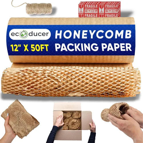 Miniatura 10 de Papel de embalaje de panal de 12 x 100 pies para suministros de mudanza con 24 calcomanías frágiles y cordel de yute de 100 pies.