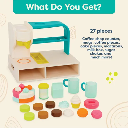 Miniatura 5 de B. toys Mini Chef Coffee Shop Playset, simulación de barista y juego de hornear con máquina, tazas, panadería y deliciosos postres para el papel