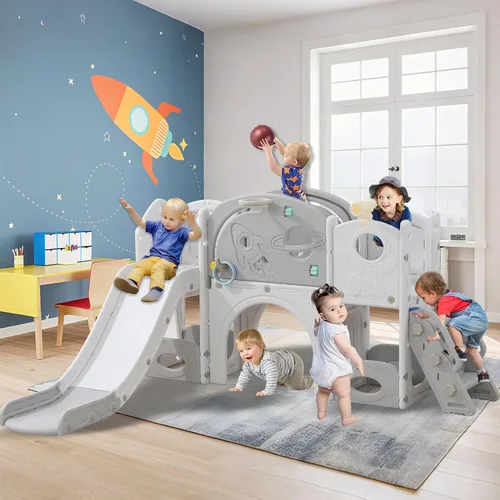 Miniatura 14 de Tobogán infantil 11 en 1, tobogán para niños pequeños de 1 a 3 años con telescopio, aro de baloncesto y telescopio, juego para interiores y Azul