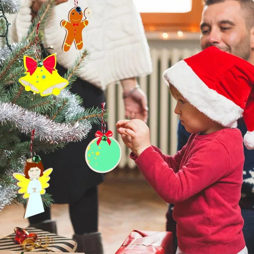 Miniatura 3 de OurWarm 48 adornos de Navidad de madera, 6 estilos de adornos de rebanadas de madera sin terminar, juego de adornos de Navidad con campanas