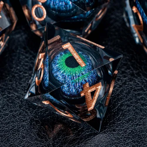 Miniatura 6 de Dragon Eye - Dados DND de núcleo líquido con caja, juego de dados poliédricos de borde afilado verde y azul de resina hechos a mano transparentes D