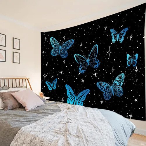 Miniatura 2 de HVEST Tapiz de mariposa para decoración de habitación, mariposas azules de fantasía en cielo estrellado, tapiz para colgar en la pared, tapiz negro
