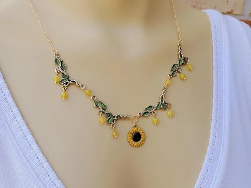 Miniatura 2 de Green Leaf and Sunflower Necklace w/Agate Bead Dangle - Hand Painted Sunny, Golden Yellow Flower and Leafy Green Necklace - Nature Colors Jewelry