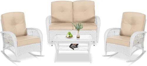Miniatura 66 de VIVIJASON Silla mecedora de mimbre para exteriores, 2 piezas, sillas mecedoras de ratán para patio con cojines y marco de acero, muebles de mimbre