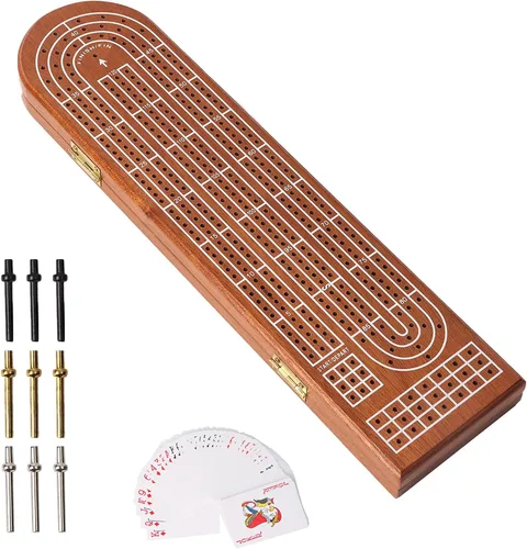 Miniatura 12 de GSE Games & Sports Expert Caja de juego de mesa de Cribbage de madera de 2 pistas con naipes, clavijas de metal y cajón de almacenamiento, tablero
