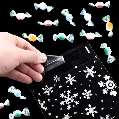 Miniatura 4 de Yinder 500 bolsas de invierno para galletas de invierno, bolsa de celofán con copos de nieve, bolsa de dulces autoadhesiva para suministros de Blanco