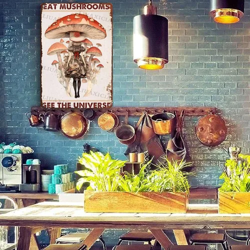 Miniatura 3 de Letrero retro de hojalata con texto en inglés "Eat Mushrooms See The Universe for Kitchen Bar Garage Decor 8.00"x12.00