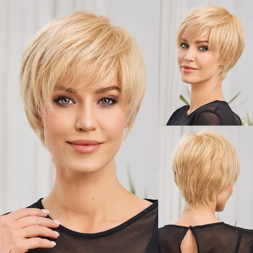 Miniatura 16 de HAIRCUBE Pelucas rubias de corte Pixie para mujer, estilo ondulado natural, peluca de encaje sintético resistente al calor con parte superior