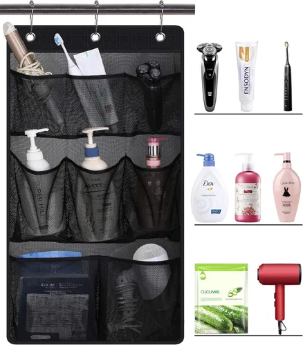 Miniatura 3 de KIMBORA Organizador de ducha de malla para colgar en el baño, con 2 bolsillos grandes, 3 anillos, barra de cortina colgante para dormitorio, Negro
