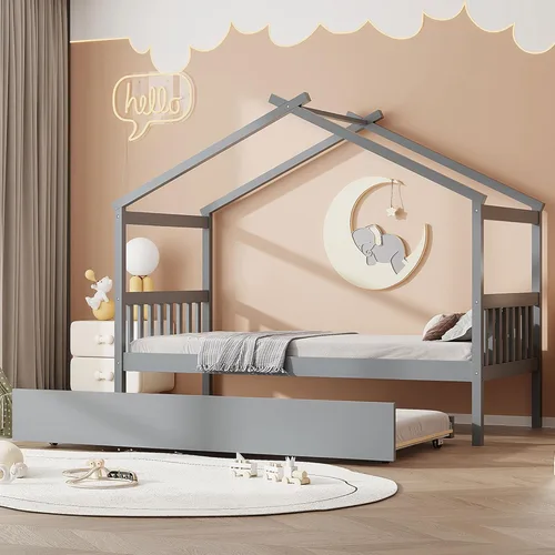 Miniatura 13 de Cama de casa con nido y valla, camas de tamaño matrimonial estilo Montessori con barandillas, marco de cama de madera para niños, niñas, niños