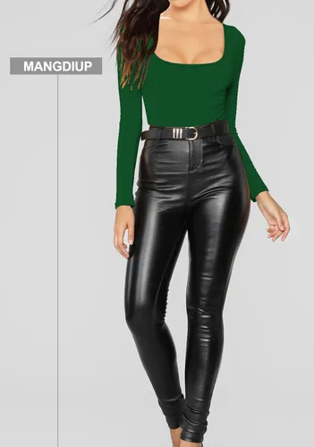 Miniatura 36 de MANGDIUP Body esencial para mujer, cuello redondo, manga larga, ajustado, elástico, de algodón y elastano